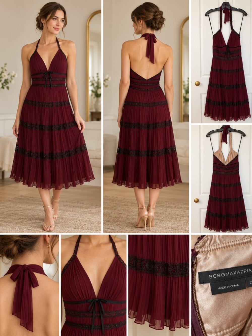 BCBGMAXAZRIA Burgundy & Black Halter Midi Dress – Size 2